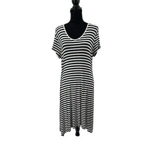 Chicos Womens Tshirt Dress Size 2 Petite Black White Stripe Short Sleeves VNeck